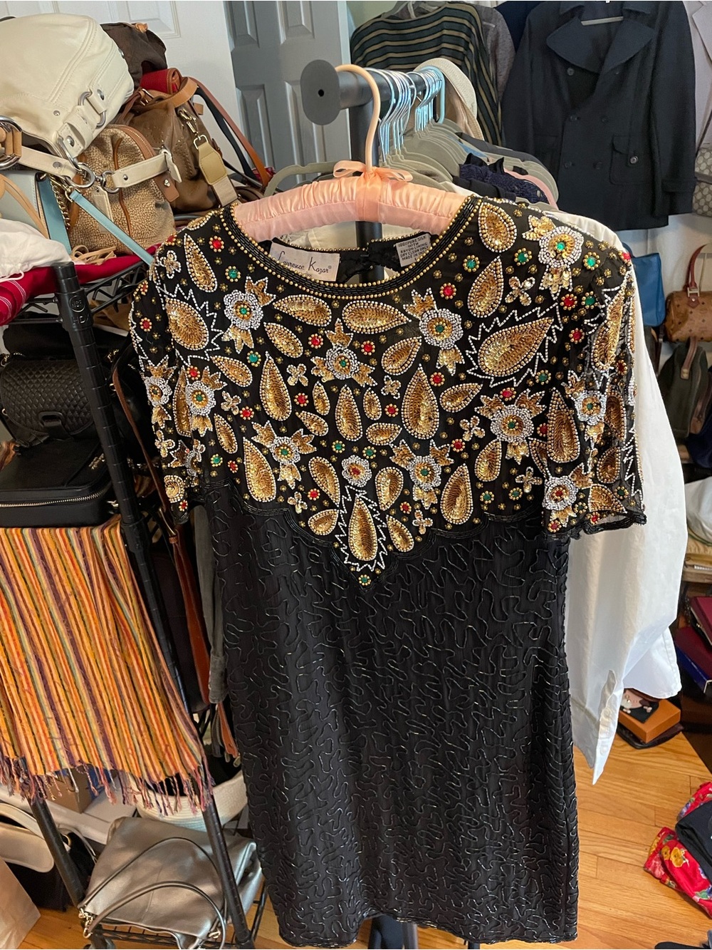 Vintage Laurence Kazar Silk Beaded Dress Black Gold Embellished L - Picture 3 of 10